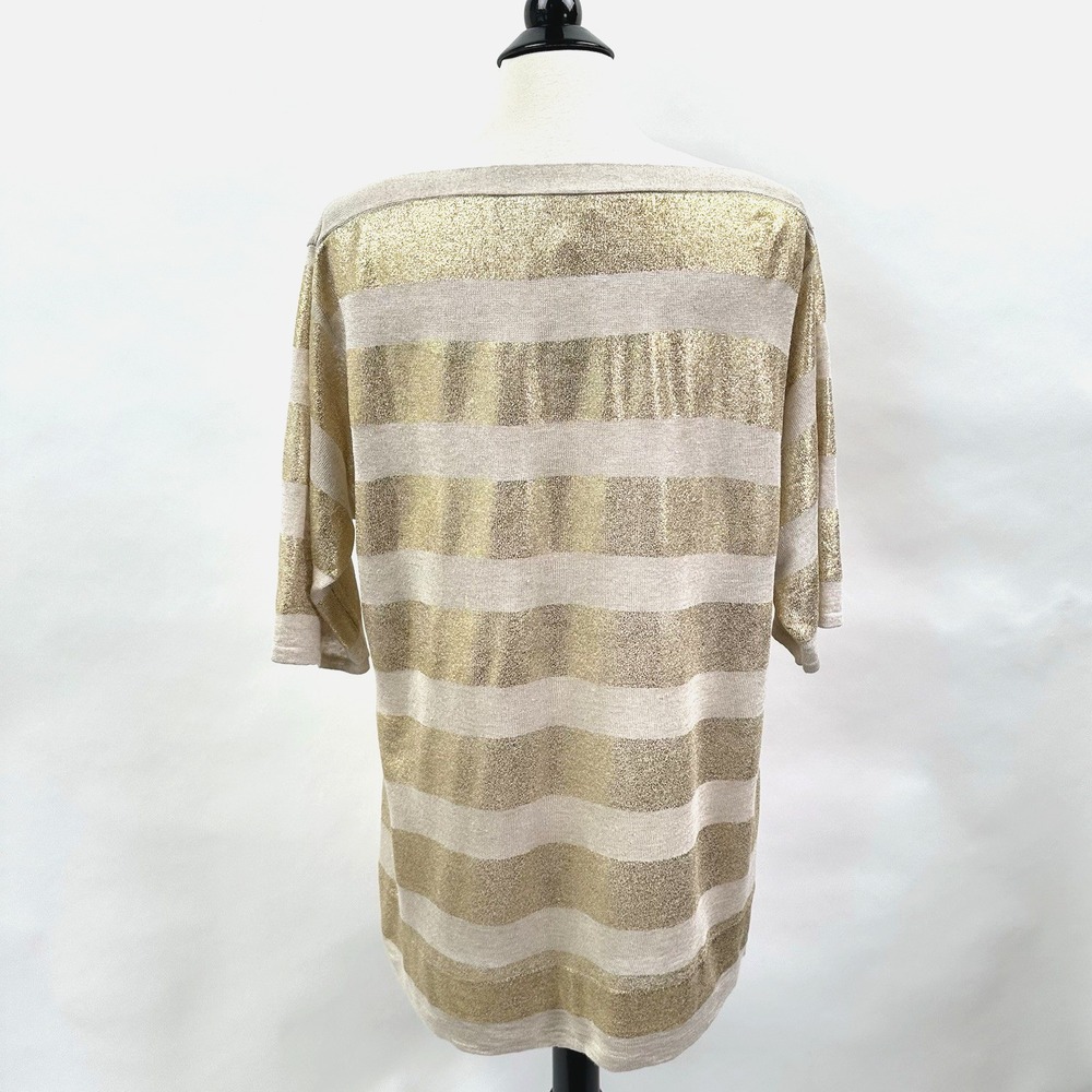 Chico's Linen Blend Gold Stripe Sweater Size 1 Medium Gold Oatmeal Boat Neck Top - Picture 7 of 11